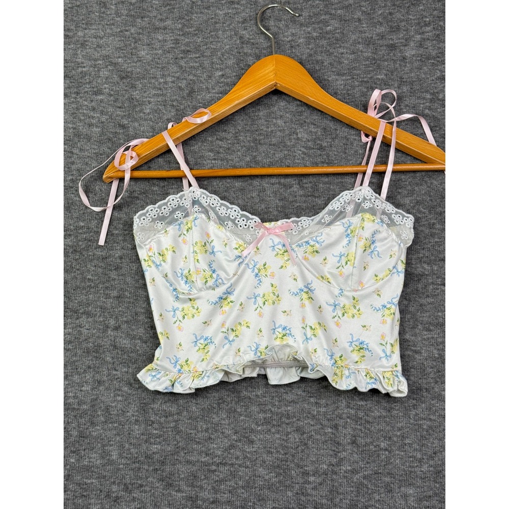 Floral Cami Top Lace Trim Ribbon Straps Cottagecore White Crop Top White Size M